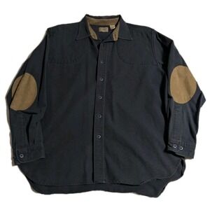 L.L. Bean Black Button-Down Shirt with Brown Elbow Patches and Collar Trim